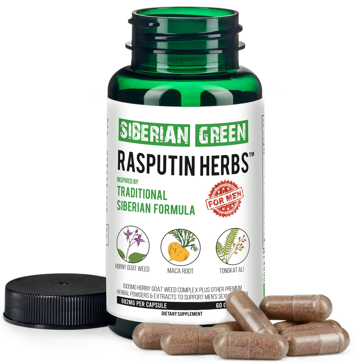 Herbes vertes de Raspoutine de Sibérie avec complexe de racine de Maca de chèvre cornée, 60 capsules