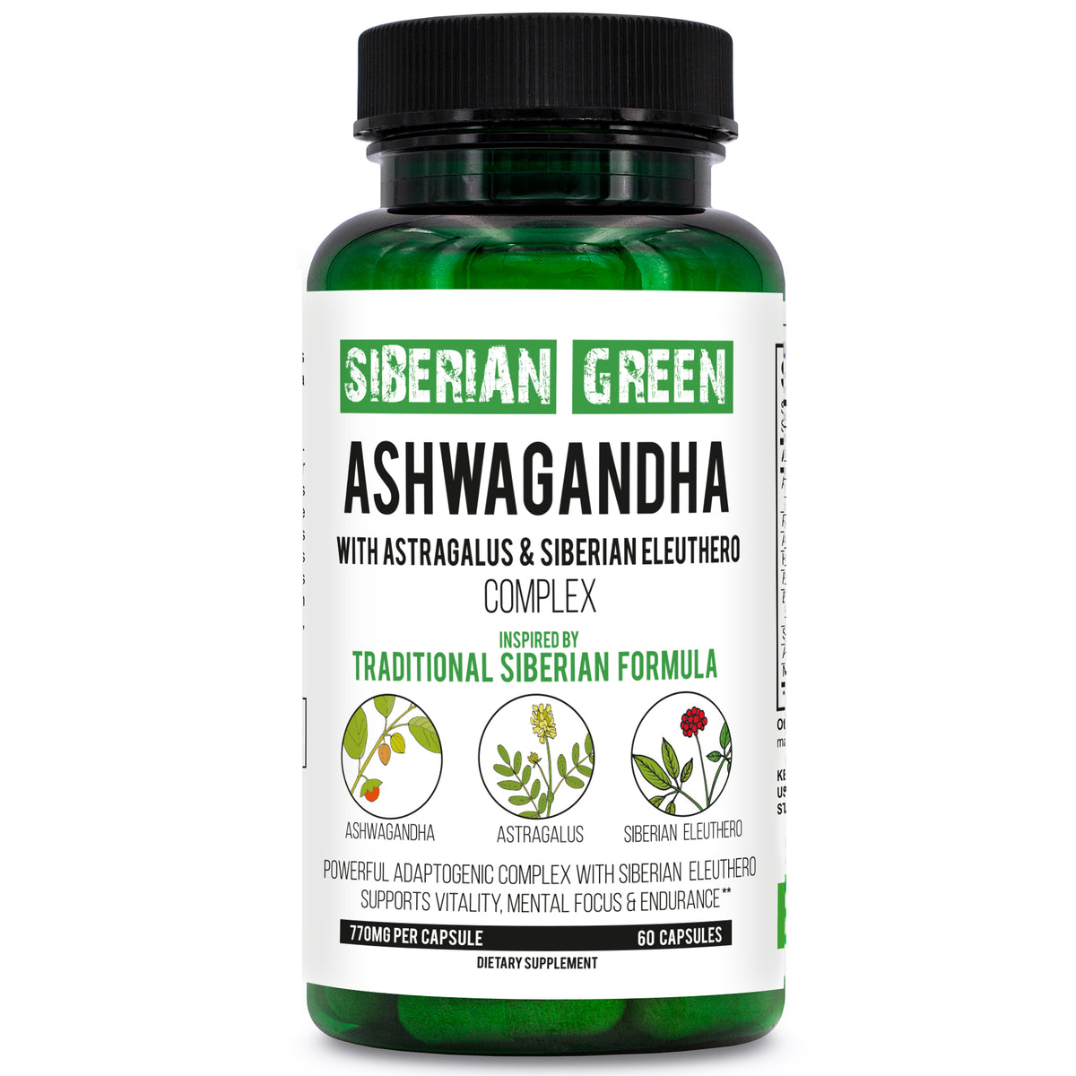 Racine d'Ashwagandha biologique vert de Sibérie avec complexe d'astragale et de ginseng d'éleuthérosibérien 60 capsules Support puissant à base de plantes