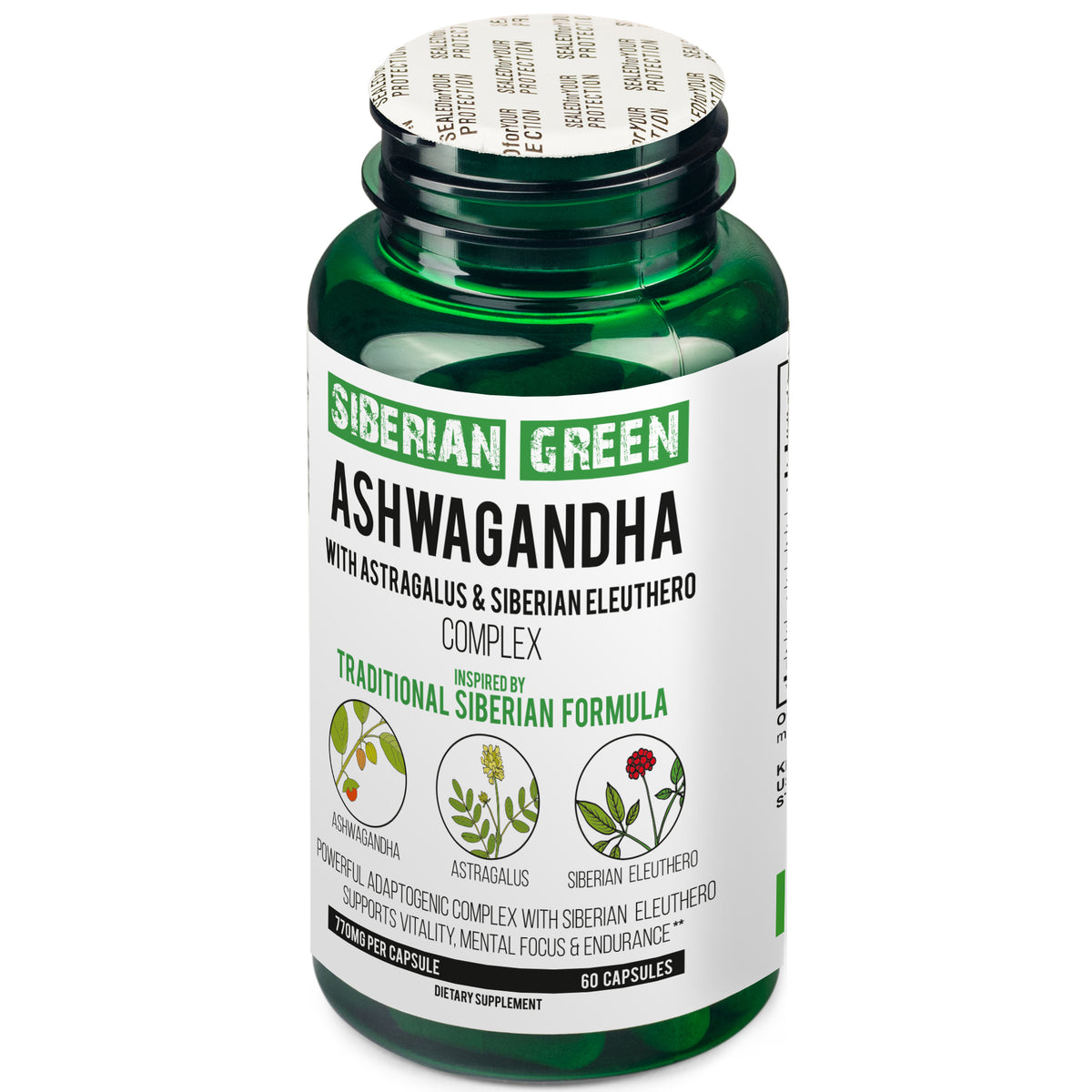 Racine d'Ashwagandha biologique vert de Sibérie avec complexe d'astragale et de ginseng d'éleuthérosibérien 60 capsules Support puissant à base de plantes