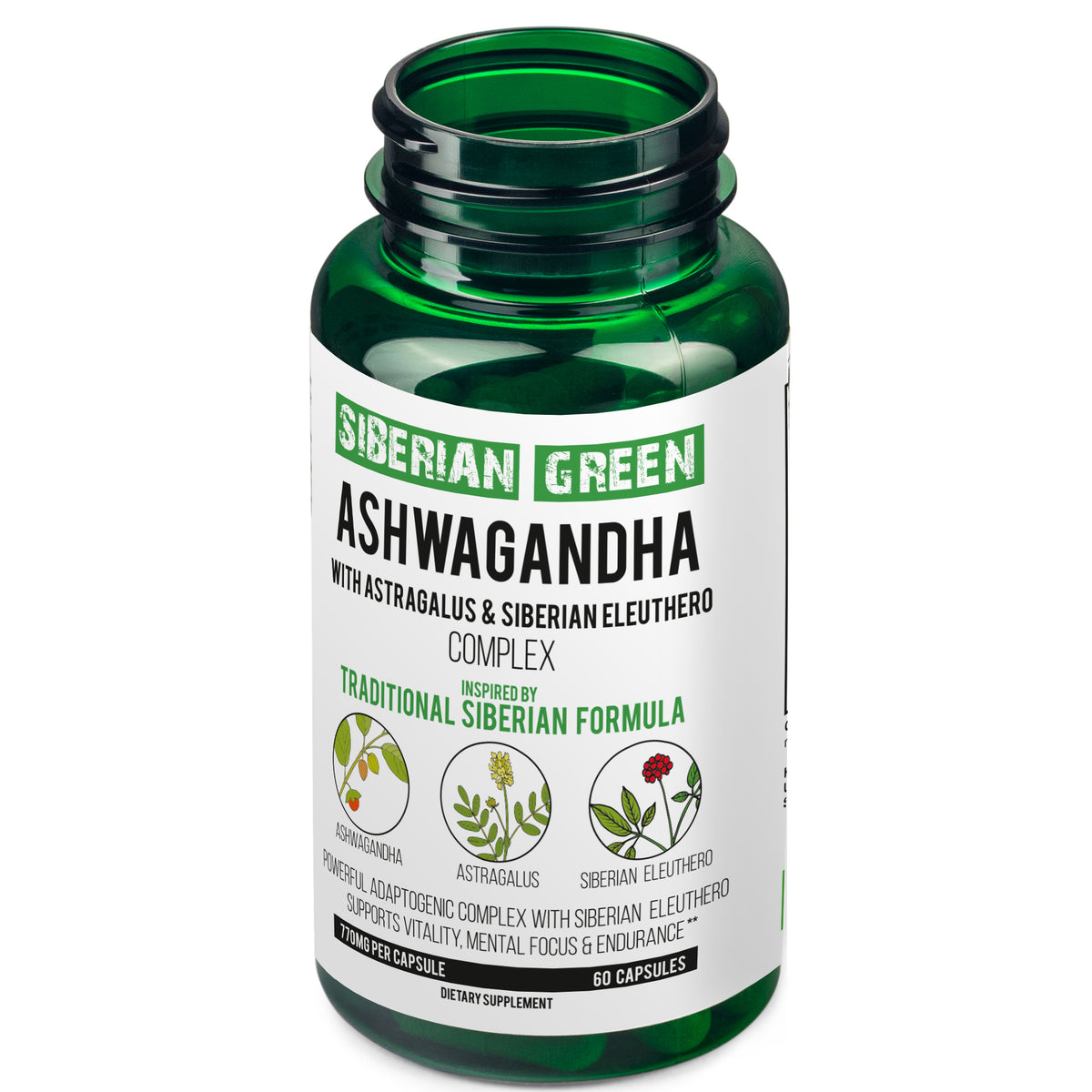 Racine d'Ashwagandha biologique vert de Sibérie avec complexe d'astragale et de ginseng d'éleuthérosibérien 60 capsules Support puissant à base de plantes