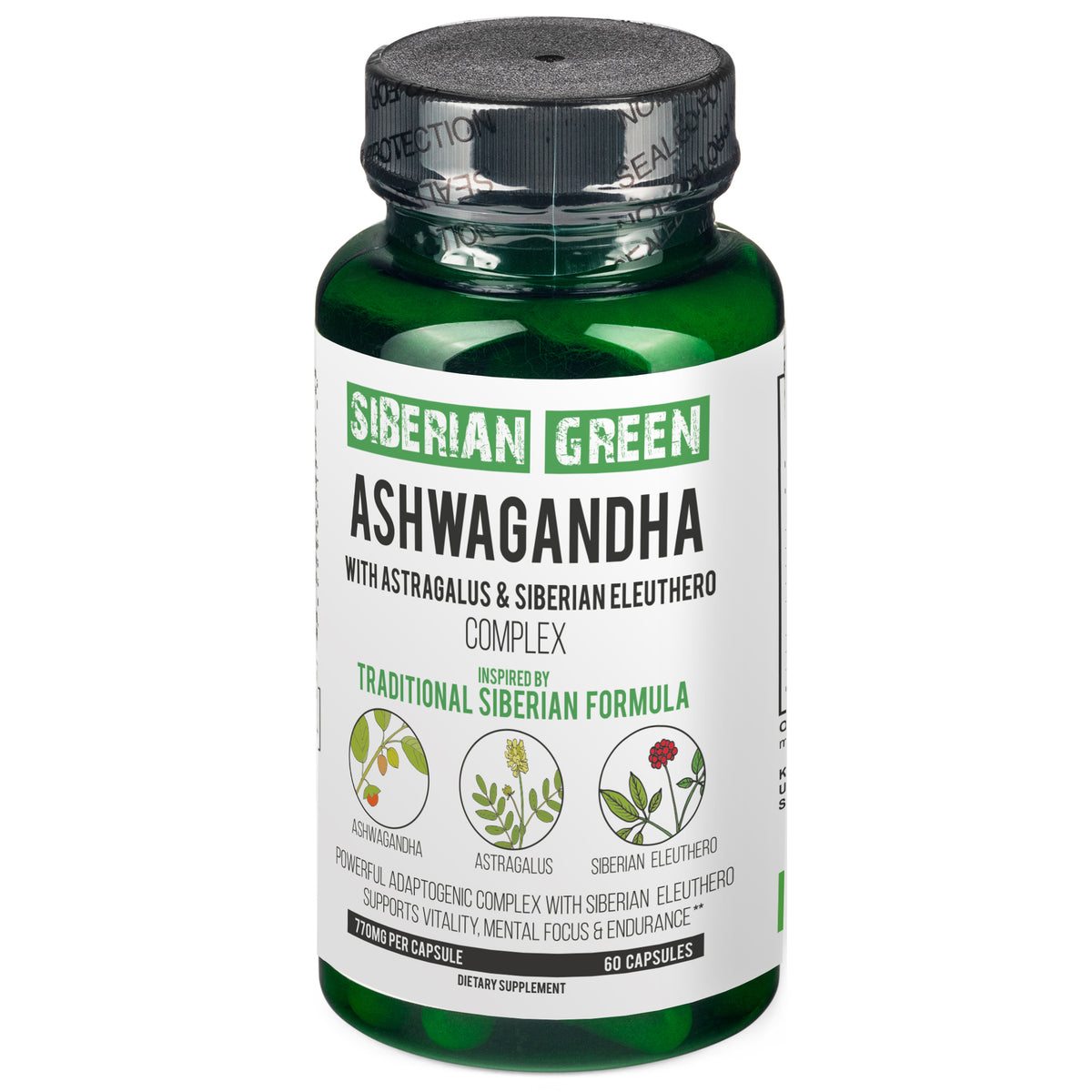 Racine d'Ashwagandha biologique vert de Sibérie avec complexe d'astragale et de ginseng d'éleuthérosibérien 60 capsules Support puissant à base de plantes