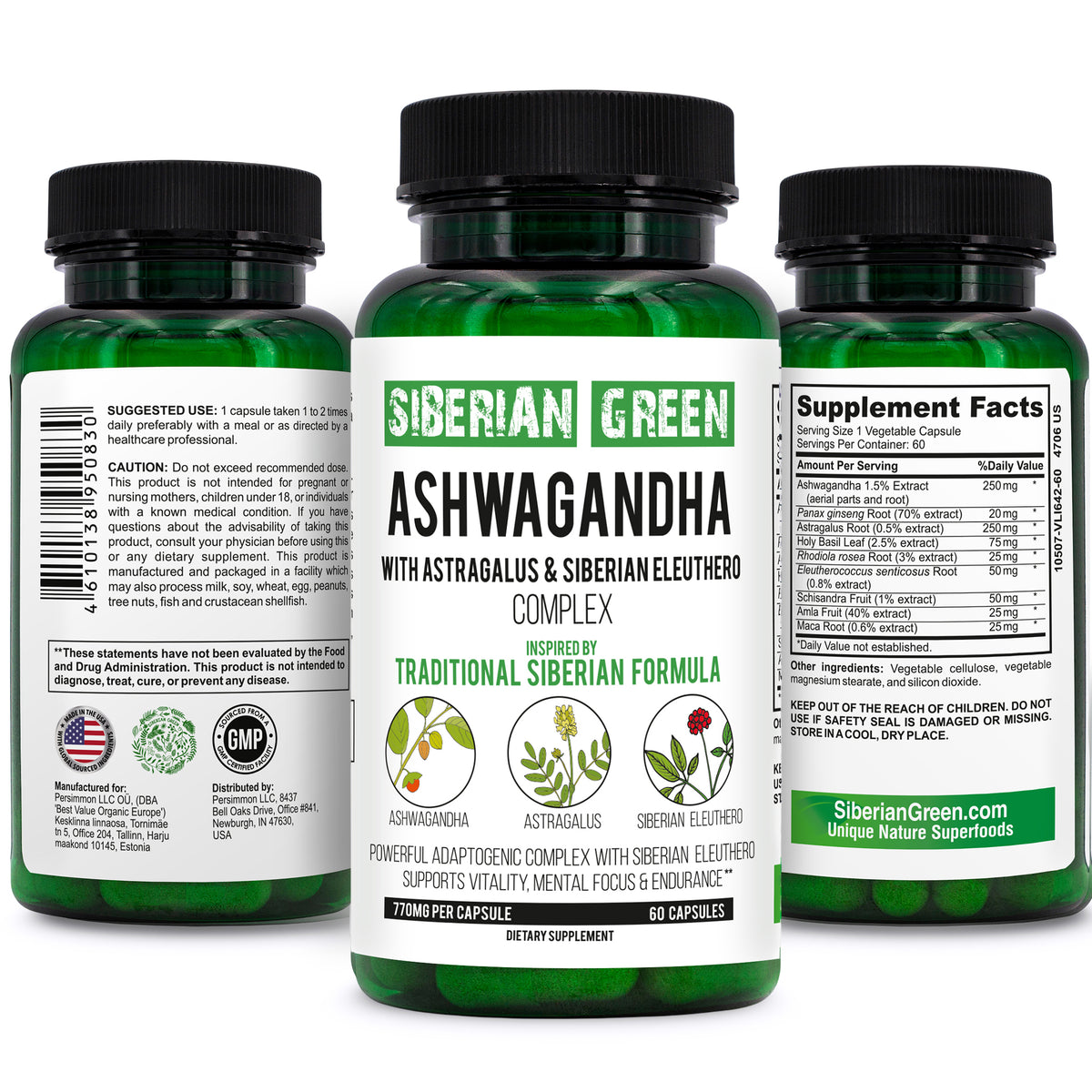 Racine d'Ashwagandha biologique vert de Sibérie avec complexe d'astragale et de ginseng d'éleuthérosibérien 60 capsules Support puissant à base de plantes