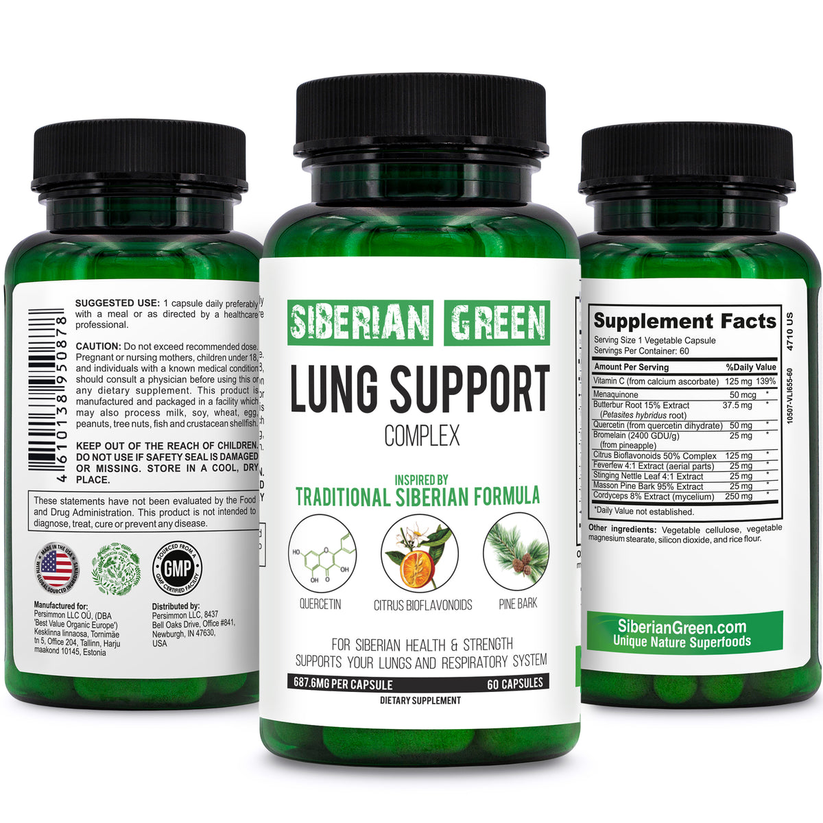 Complexe de soutien du poumon vert de Sibérie 60 gélules - Supplément de formule traditionnelle riche en quercétine, bioflavonoïdes d'agrumes et écorce de pin