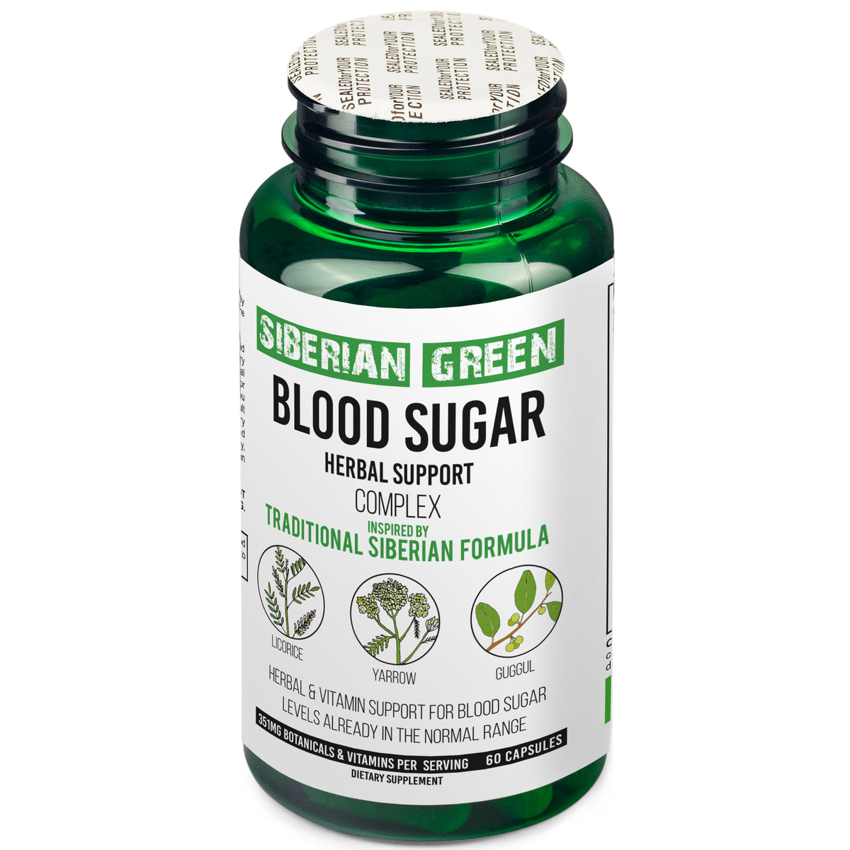 Support à base de plantes pour la glycémie verte de Sibérie – Réglisse Yarrow Guggul – 60 capsules – Formule traditionnelle sibérienne