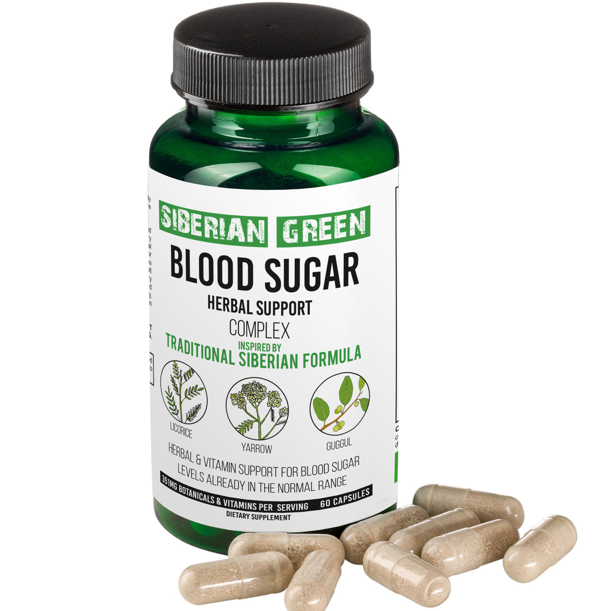 Support à base de plantes pour la glycémie verte de Sibérie – Réglisse Yarrow Guggul – 60 capsules – Formule traditionnelle sibérienne