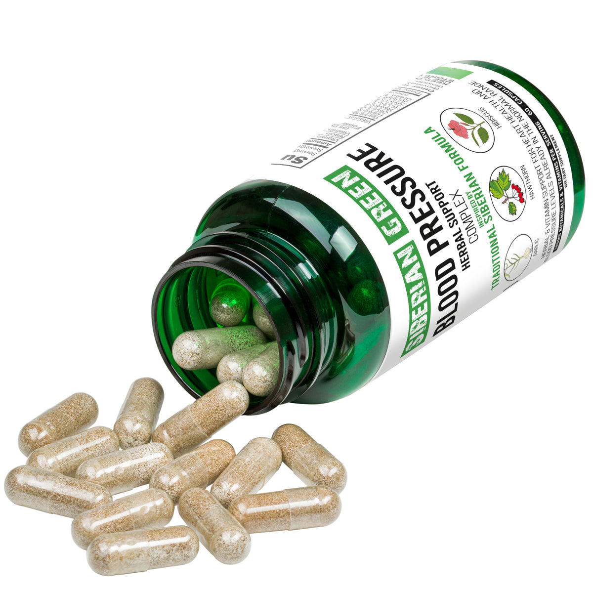 Soutien à base de plantes pour la pression artérielle verte de Sibérie - Aubépine, Hibiscus, Ail - 60 Capsules