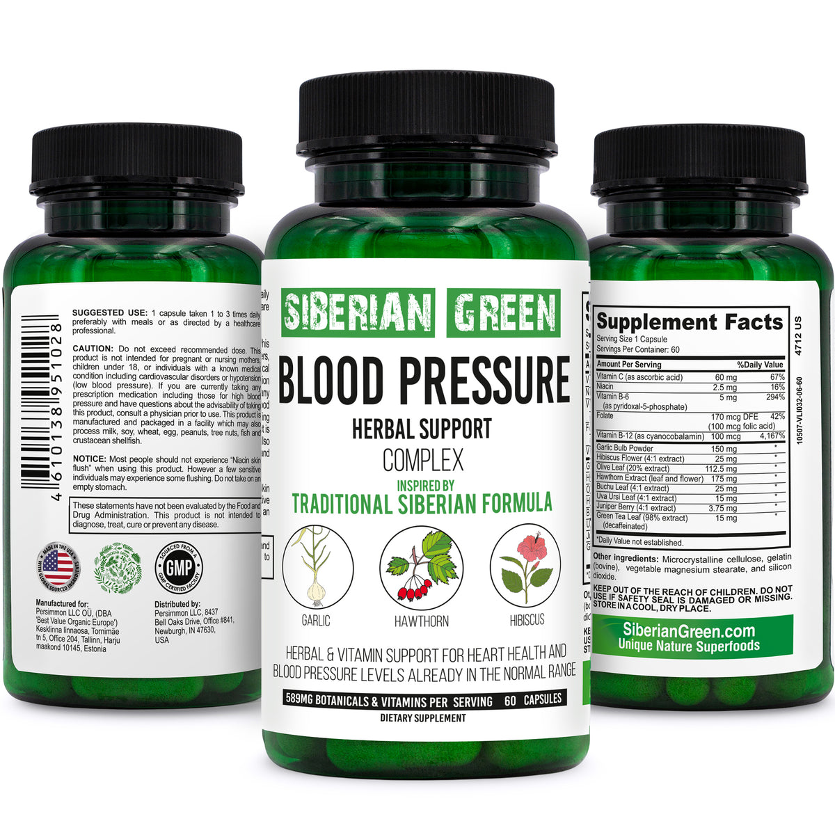 Soutien à base de plantes pour la pression artérielle verte de Sibérie - Aubépine, Hibiscus, Ail - 60 Capsules
