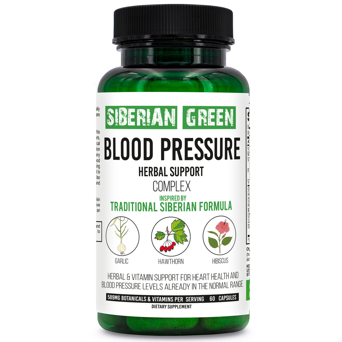 Soutien à base de plantes pour la pression artérielle verte de Sibérie - Aubépine, Hibiscus, Ail - 60 Capsules
