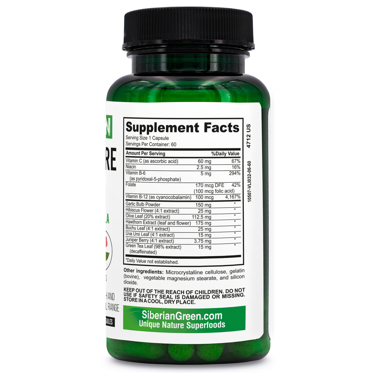 Soutien à base de plantes pour la pression artérielle verte de Sibérie - Aubépine, Hibiscus, Ail - 60 Capsules