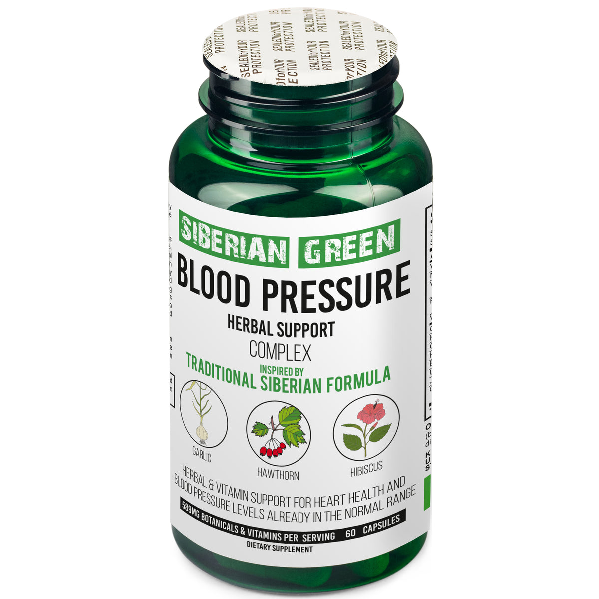 Soutien à base de plantes pour la pression artérielle verte de Sibérie - Aubépine, Hibiscus, Ail - 60 Capsules
