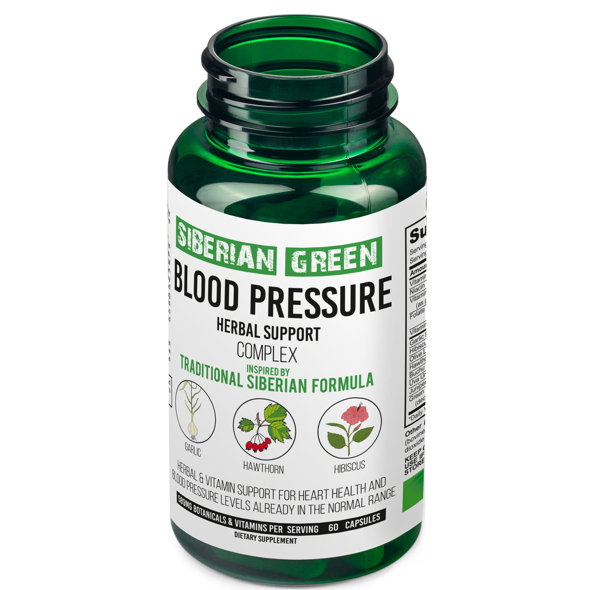 Soutien à base de plantes pour la pression artérielle verte de Sibérie - Aubépine, Hibiscus, Ail - 60 Capsules