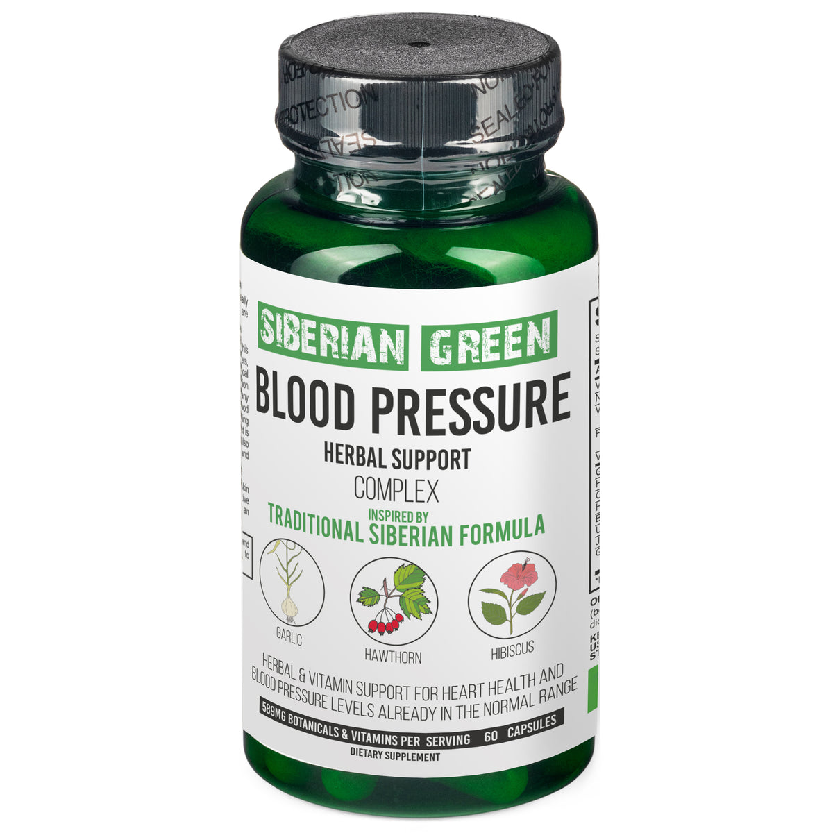 Soutien à base de plantes pour la pression artérielle verte de Sibérie - Aubépine, Hibiscus, Ail - 60 Capsules