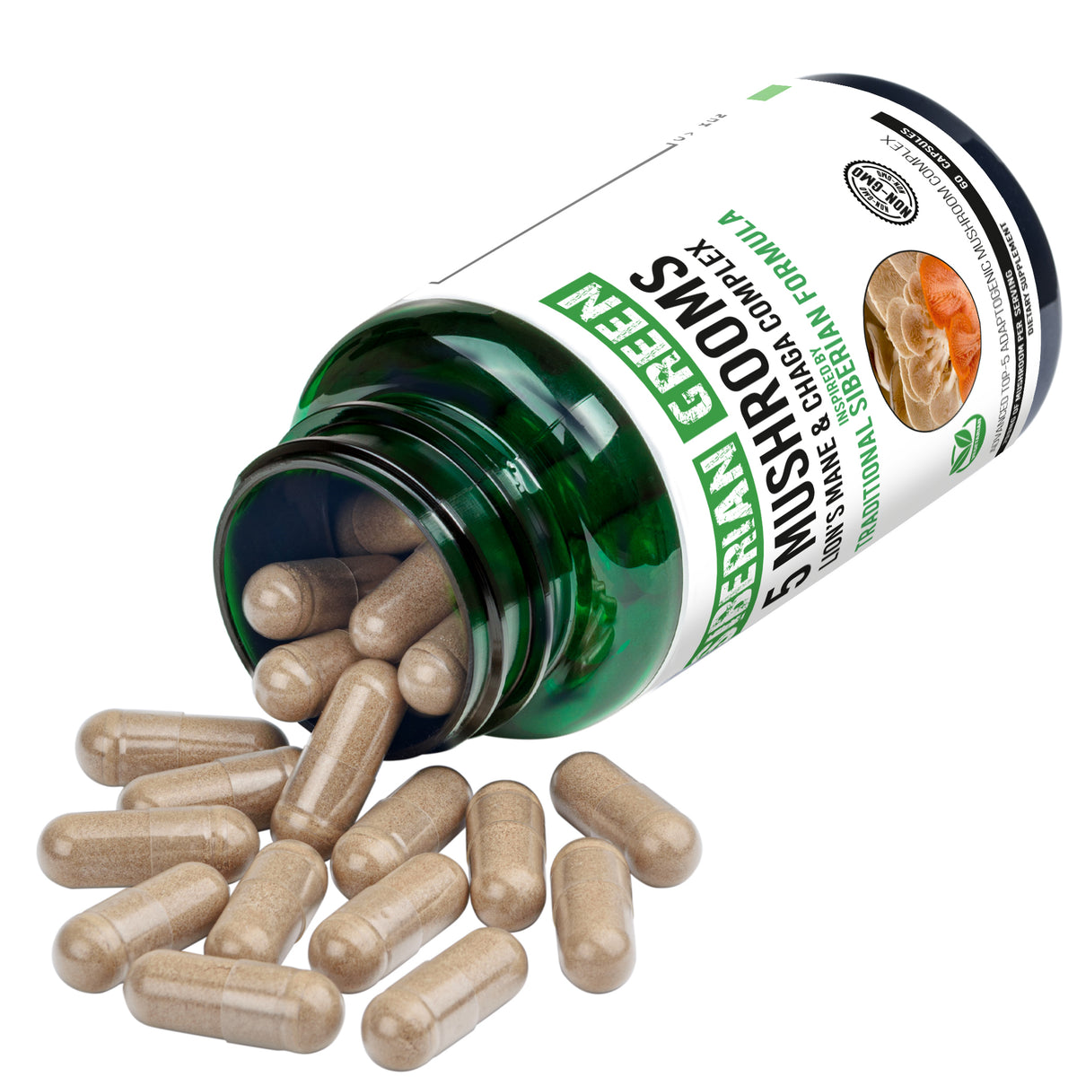 Vert de Sibérie 5 Champignons Crinière de Lion Chaga Shiitake Maitake Reishi - 60 Capsules - Formule Sibérienne - Système Immunitaire, Énergie, Mémoire