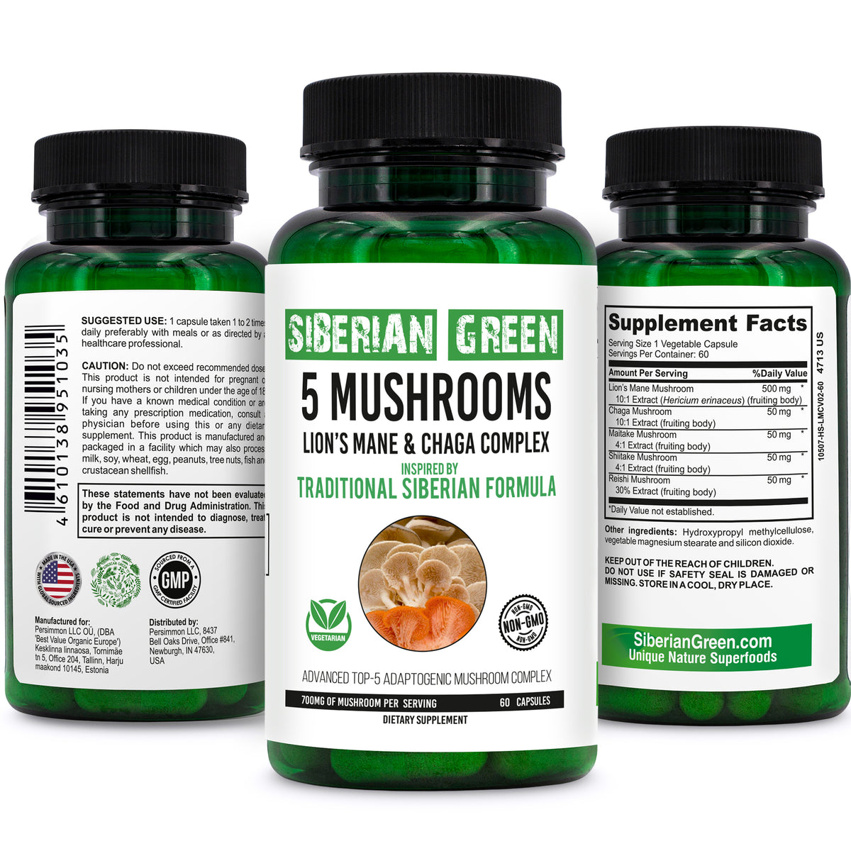 Vert de Sibérie 5 Champignons Crinière de Lion Chaga Shiitake Maitake Reishi - 60 Capsules - Formule Sibérienne - Système Immunitaire, Énergie, Mémoire