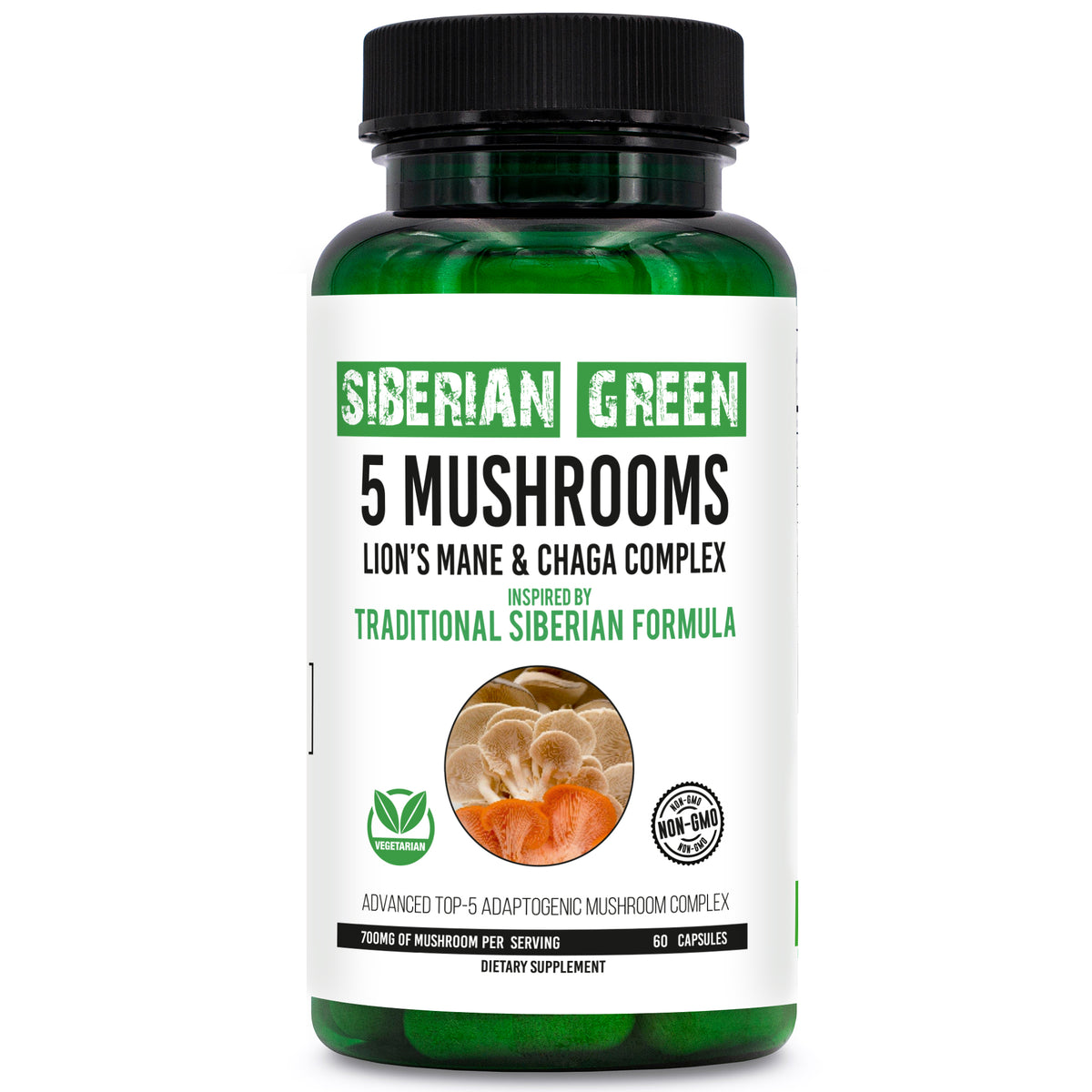 Vert de Sibérie 5 Champignons Crinière de Lion Chaga Shiitake Maitake Reishi - 60 Capsules - Formule Sibérienne - Système Immunitaire, Énergie, Mémoire