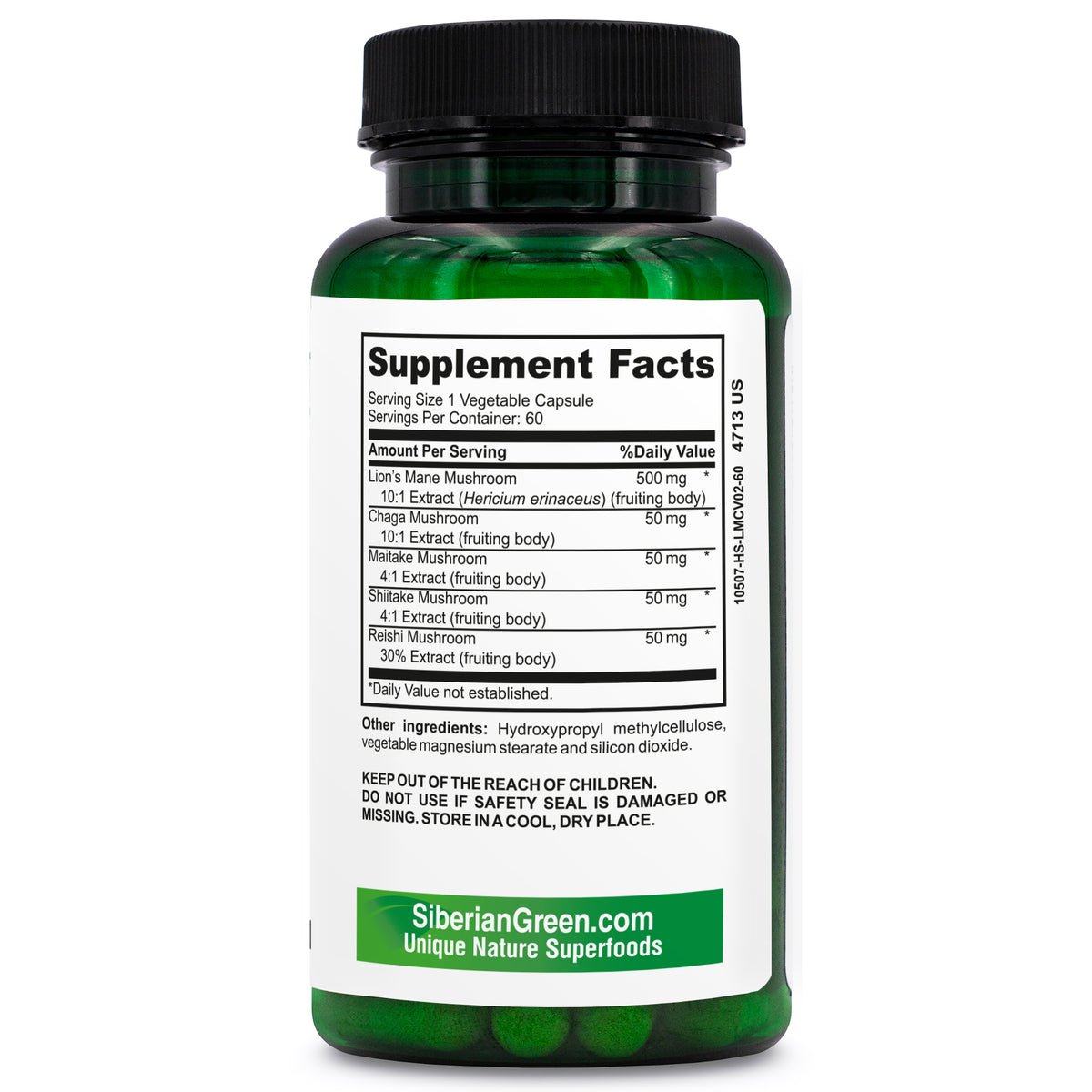 Vert de Sibérie 5 Champignons Crinière de Lion Chaga Shiitake Maitake Reishi - 60 Capsules - Formule Sibérienne - Système Immunitaire, Énergie, Mémoire