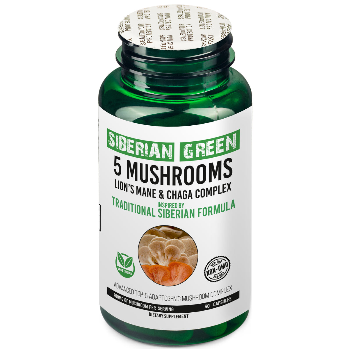 Vert de Sibérie 5 Champignons Crinière de Lion Chaga Shiitake Maitake Reishi - 60 Capsules - Formule Sibérienne - Système Immunitaire, Énergie, Mémoire