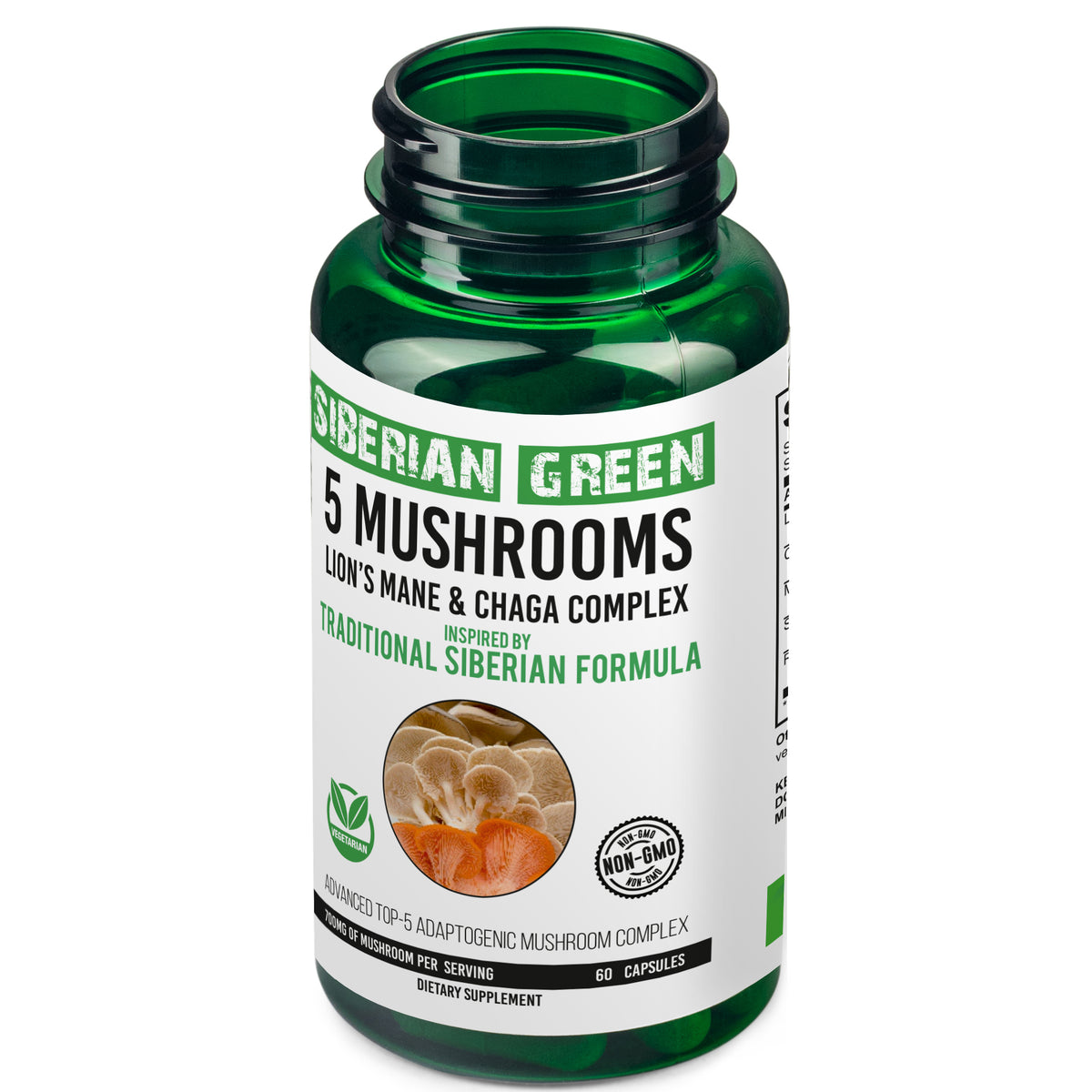 Vert de Sibérie 5 Champignons Crinière de Lion Chaga Shiitake Maitake Reishi - 60 Capsules - Formule Sibérienne - Système Immunitaire, Énergie, Mémoire