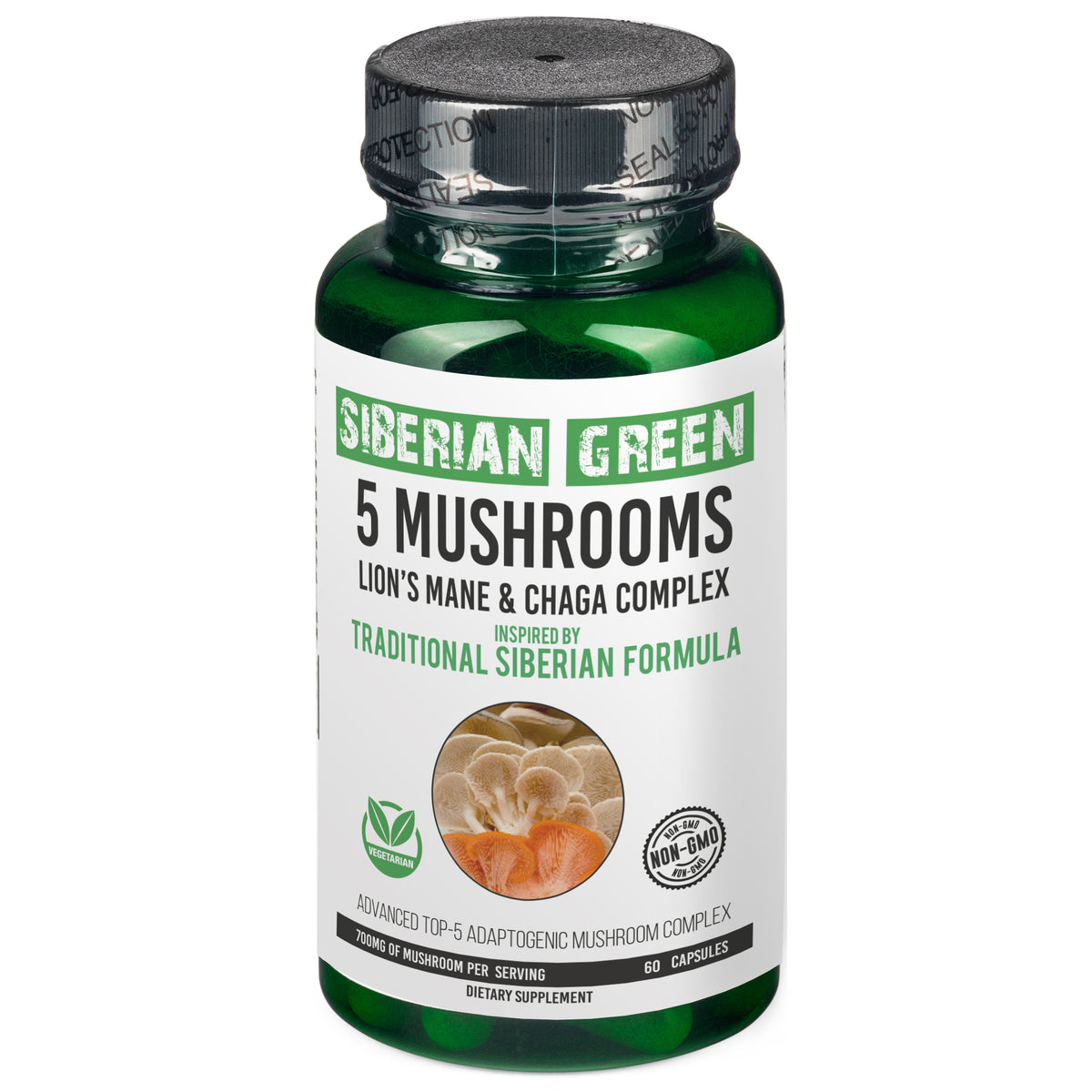Vert de Sibérie 5 Champignons Crinière de Lion Chaga Shiitake Maitake Reishi - 60 Capsules - Formule Sibérienne - Système Immunitaire, Énergie, Mémoire