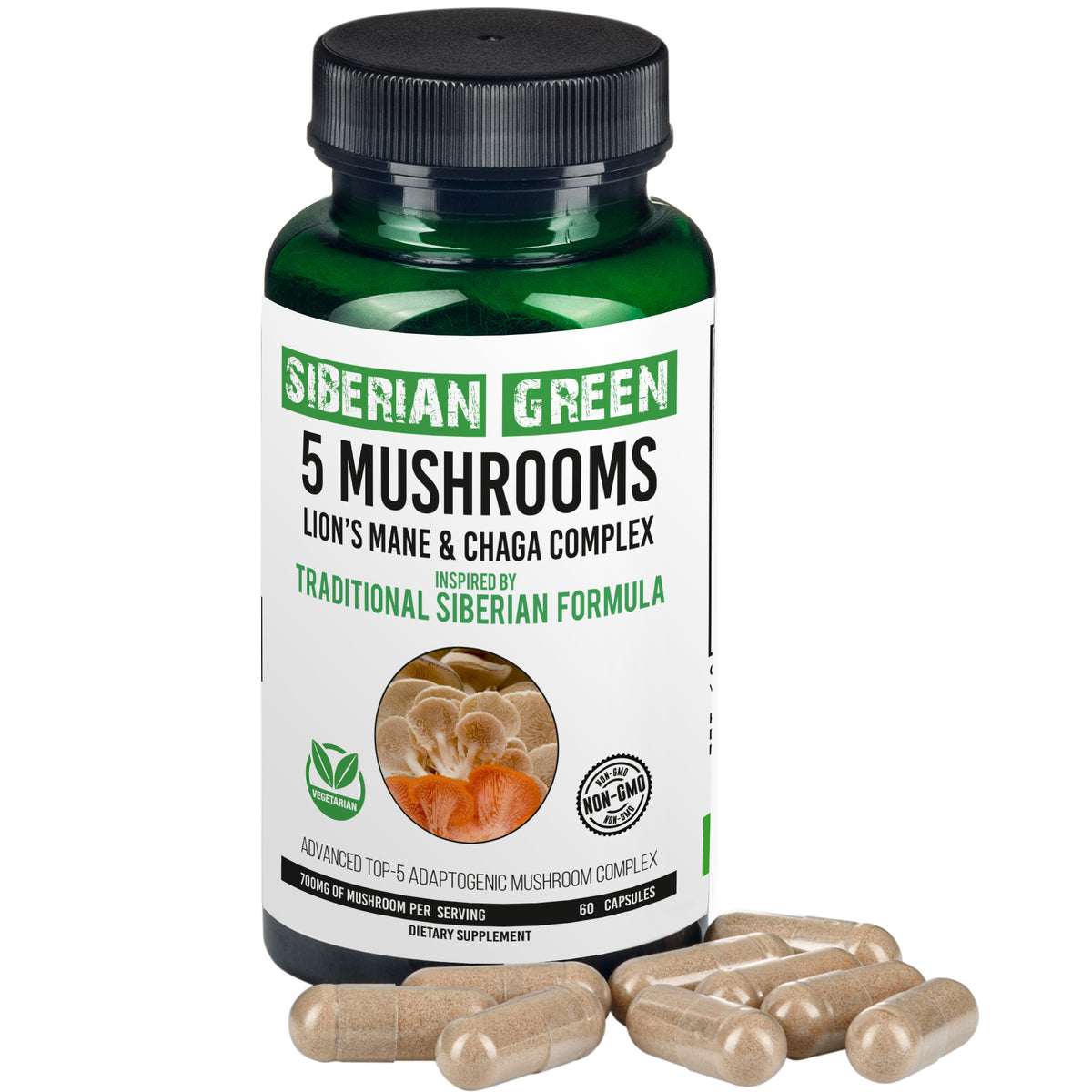 Vert de Sibérie 5 Champignons Crinière de Lion Chaga Shiitake Maitake Reishi - 60 Capsules - Formule Sibérienne - Système Immunitaire, Énergie, Mémoire