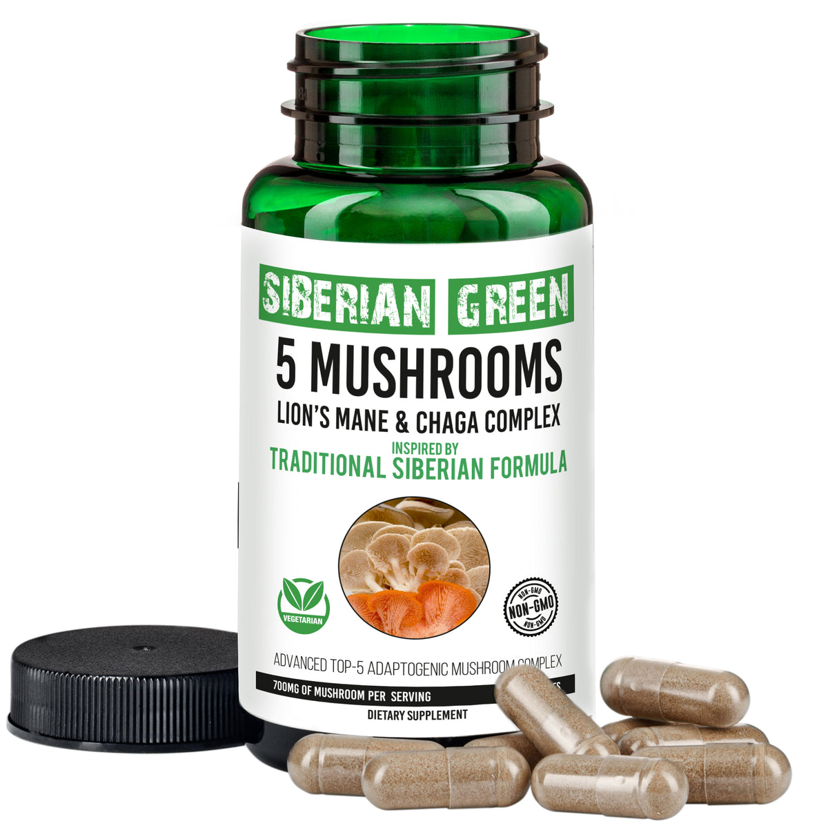 Vert de Sibérie 5 Champignons Crinière de Lion Chaga Shiitake Maitake Reishi - 60 Capsules - Formule Sibérienne - Système Immunitaire, Énergie, Mémoire