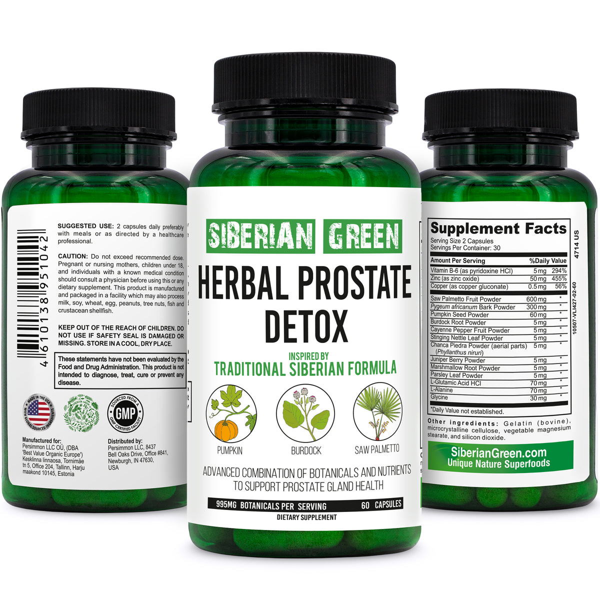 Détox de la prostate à base de plantes vertes de Sibérie 60 gélules – Saw Palmetto Bardane Citrouille Formule traditionnelle sibérienne