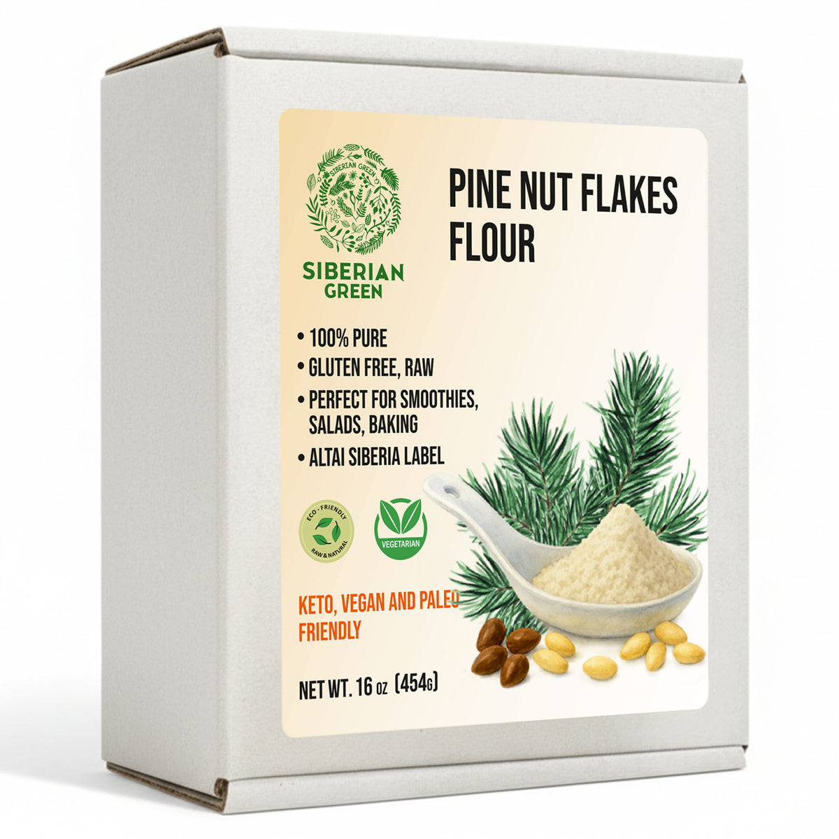 Farine de flocons de pignons de pin de Sibérie (noyau) en poudre 454 g (1 lb) biologique récoltée à l'état sauvage 100 % pure