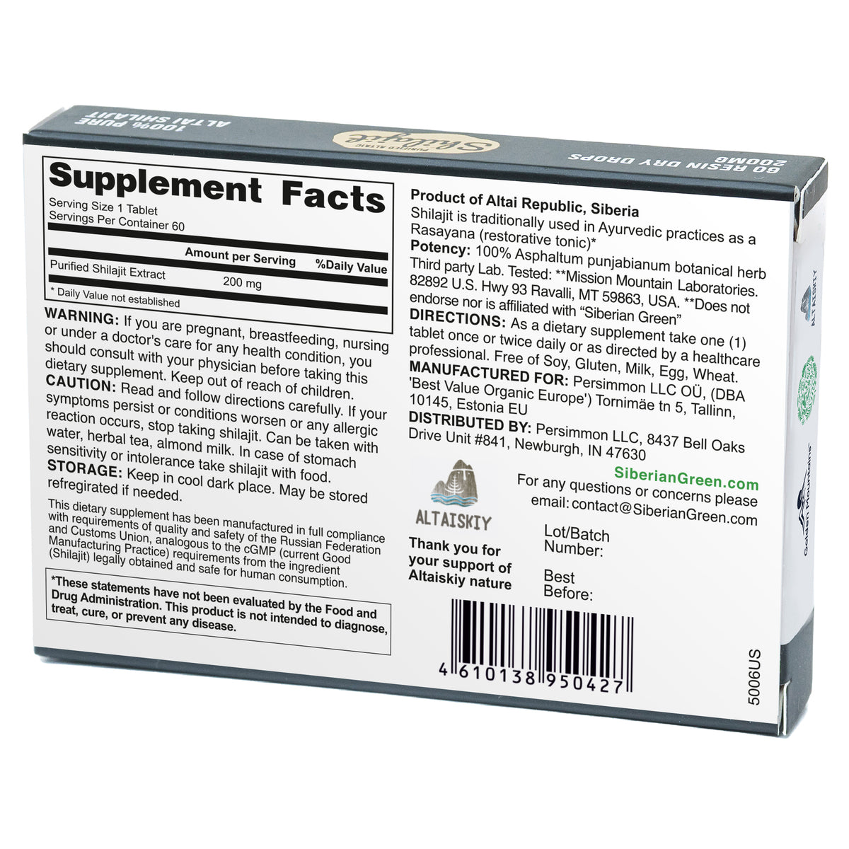 Shilajit 60 gouttes sèches Altaï "Montagnes dorées" vert sibérien