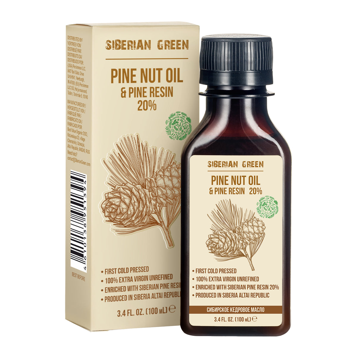 Huile de noix de pin de Sibérie avec résine de pin et de cèdre Pure naturelle 100 % extra vierge pressée à froid 100 ml / 3,4 fl oz 