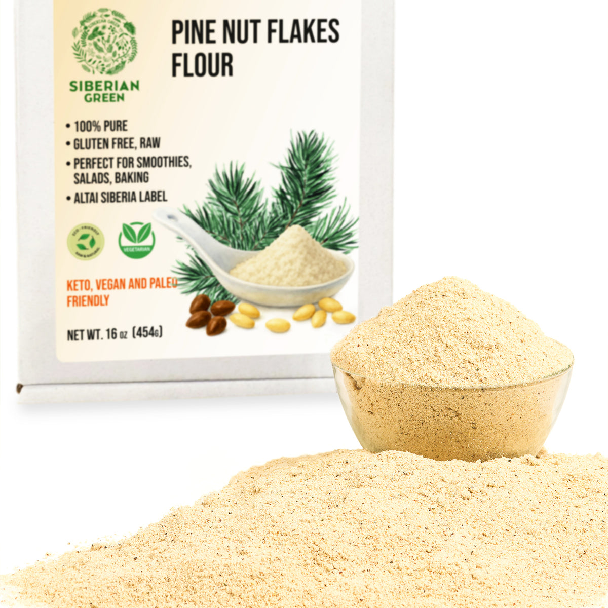 Farine de flocons de pignons de pin de Sibérie (noyau) en poudre 454 g (1 lb) biologique récoltée à l'état sauvage 100 % pure