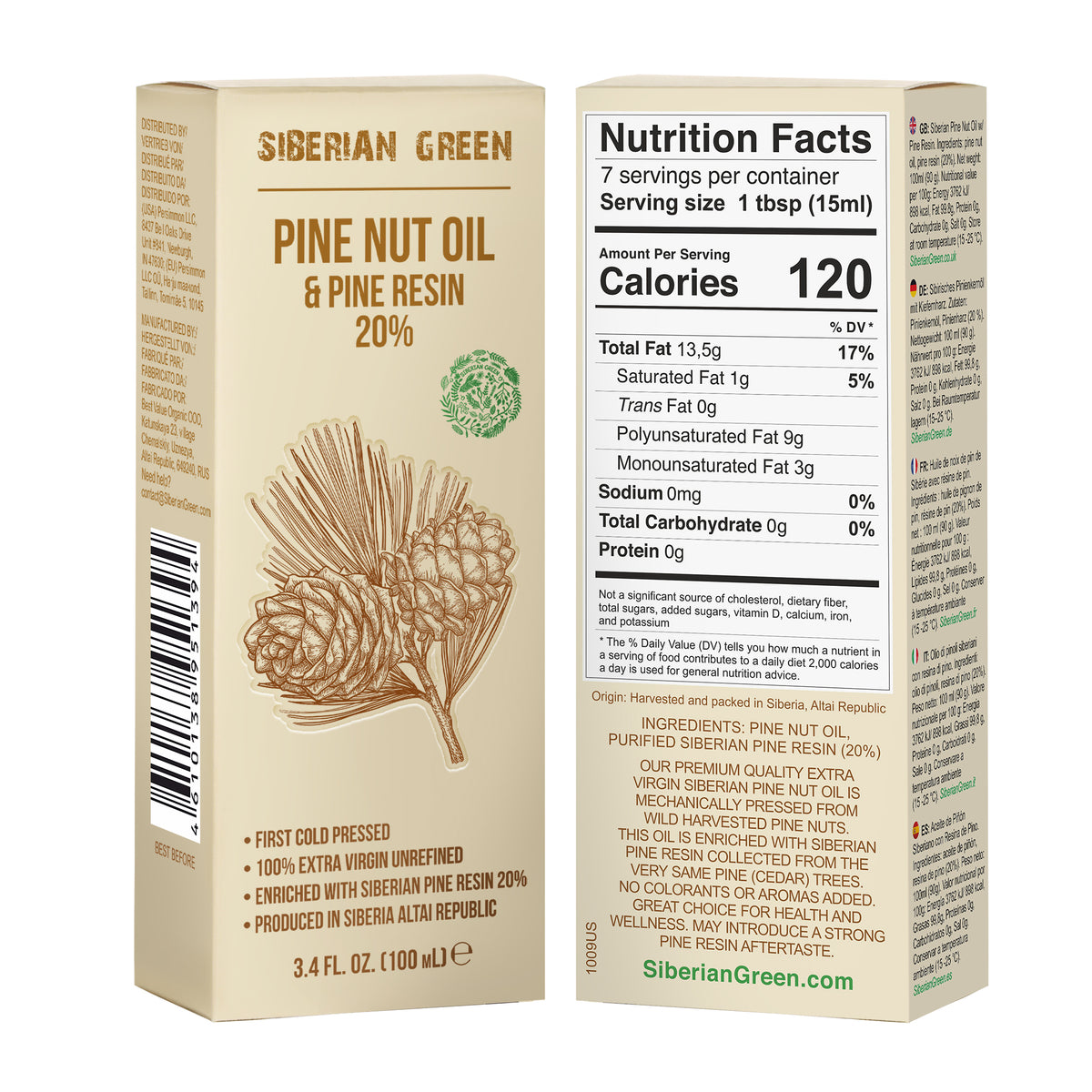 Huile de noix de pin de Sibérie avec résine de pin et de cèdre Pure naturelle 100 % extra vierge pressée à froid 100 ml / 3,4 fl oz 