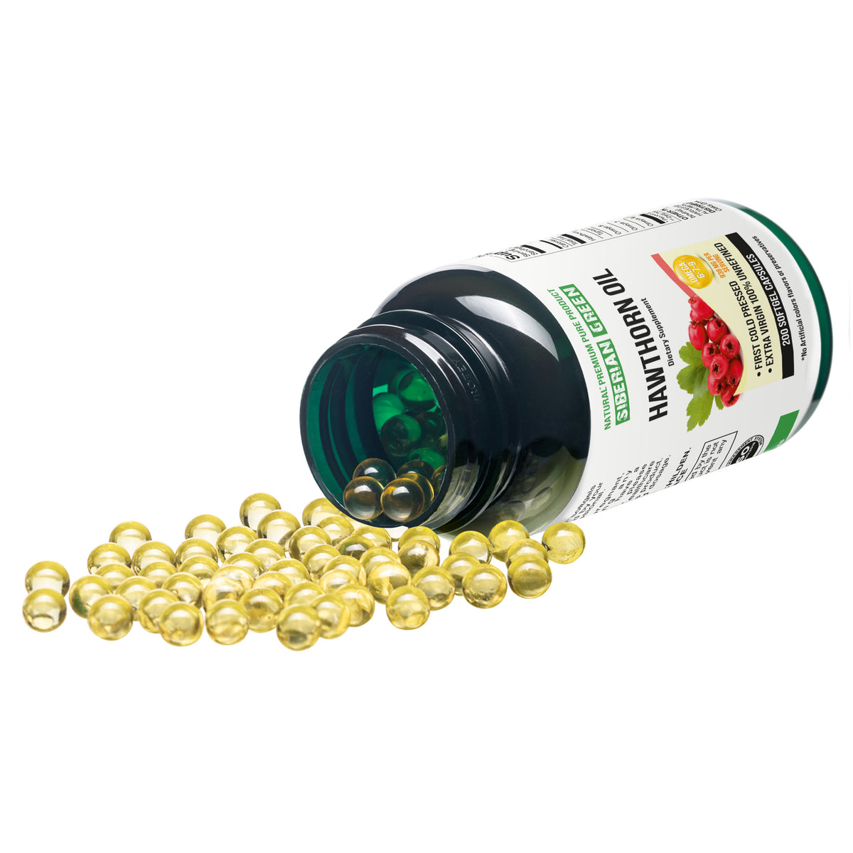 Capsules d&#39;huile de graines d&#39;aubépine verte de Sibérie 200 gélules Récoltées à l&#39;état sauvage en Sibérie Altaï Pressées à froid non raffinées 