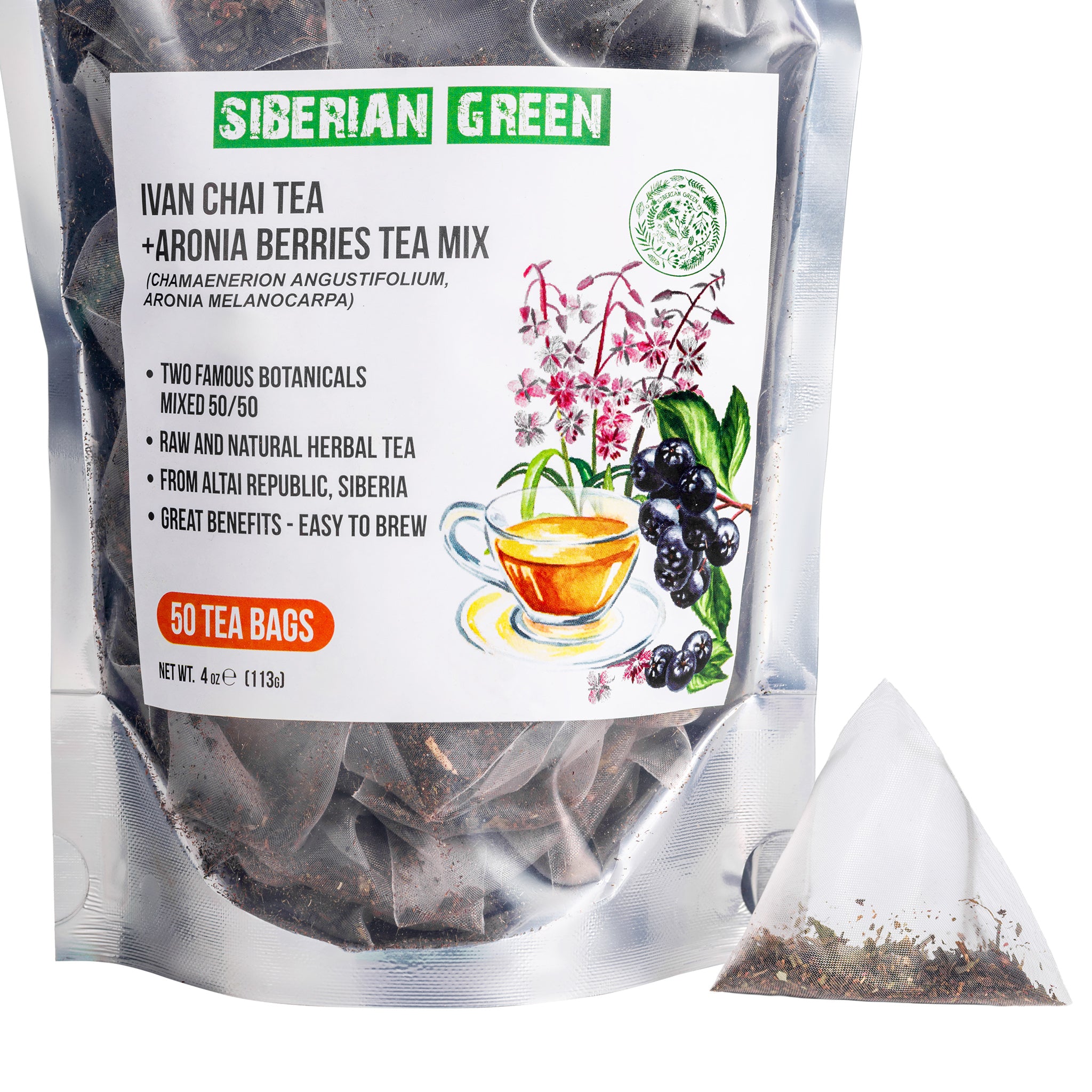 Ivan Chai Tea Siberian Green Ivan Chai and Aronia Berry Tea | 50 Herbal Tea Bags ...