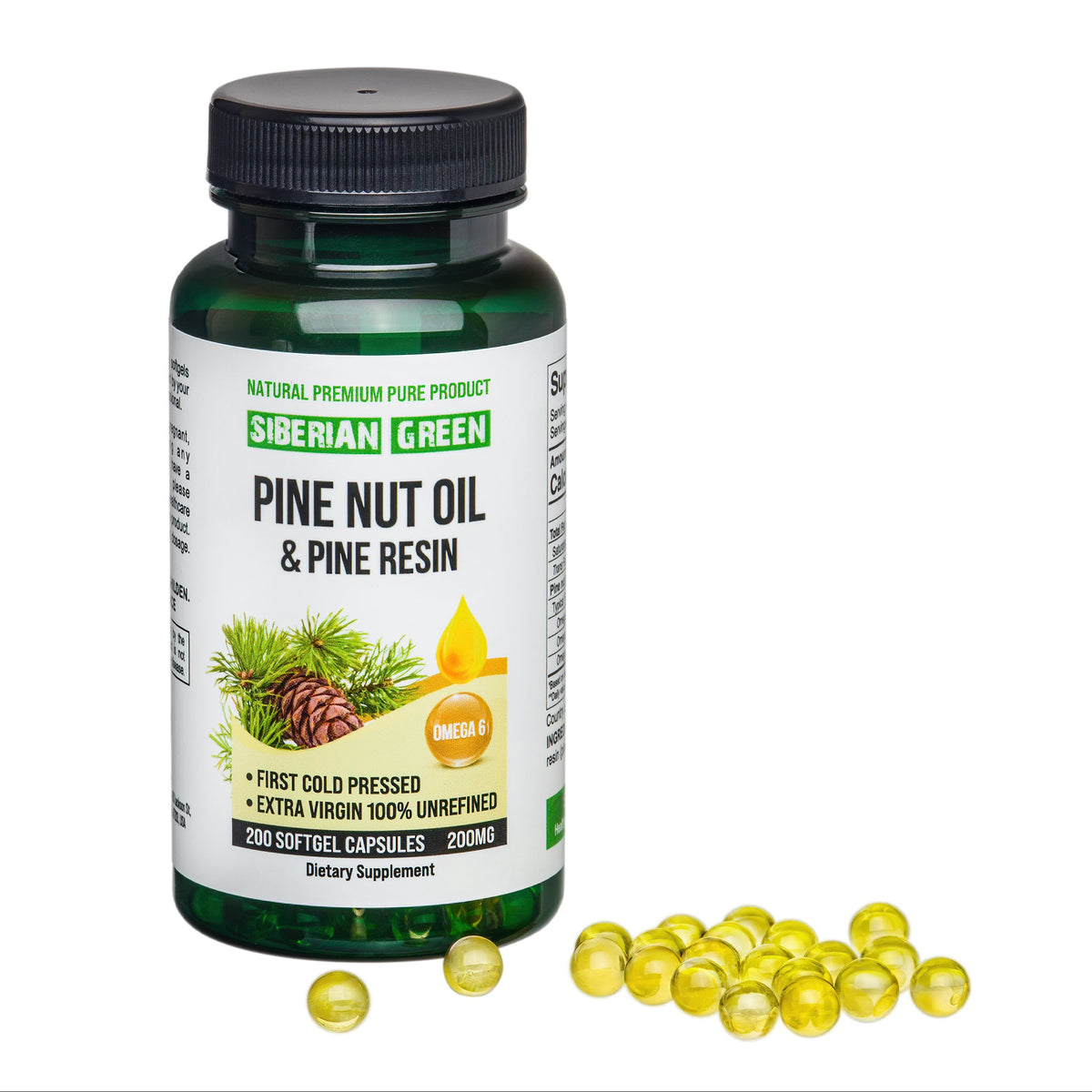 Siberian Green Pine Nut Oil w/Pine Resin Capsules 200 Softgels Wild Harvested Siberia Altai Cold Pressed Unrefined