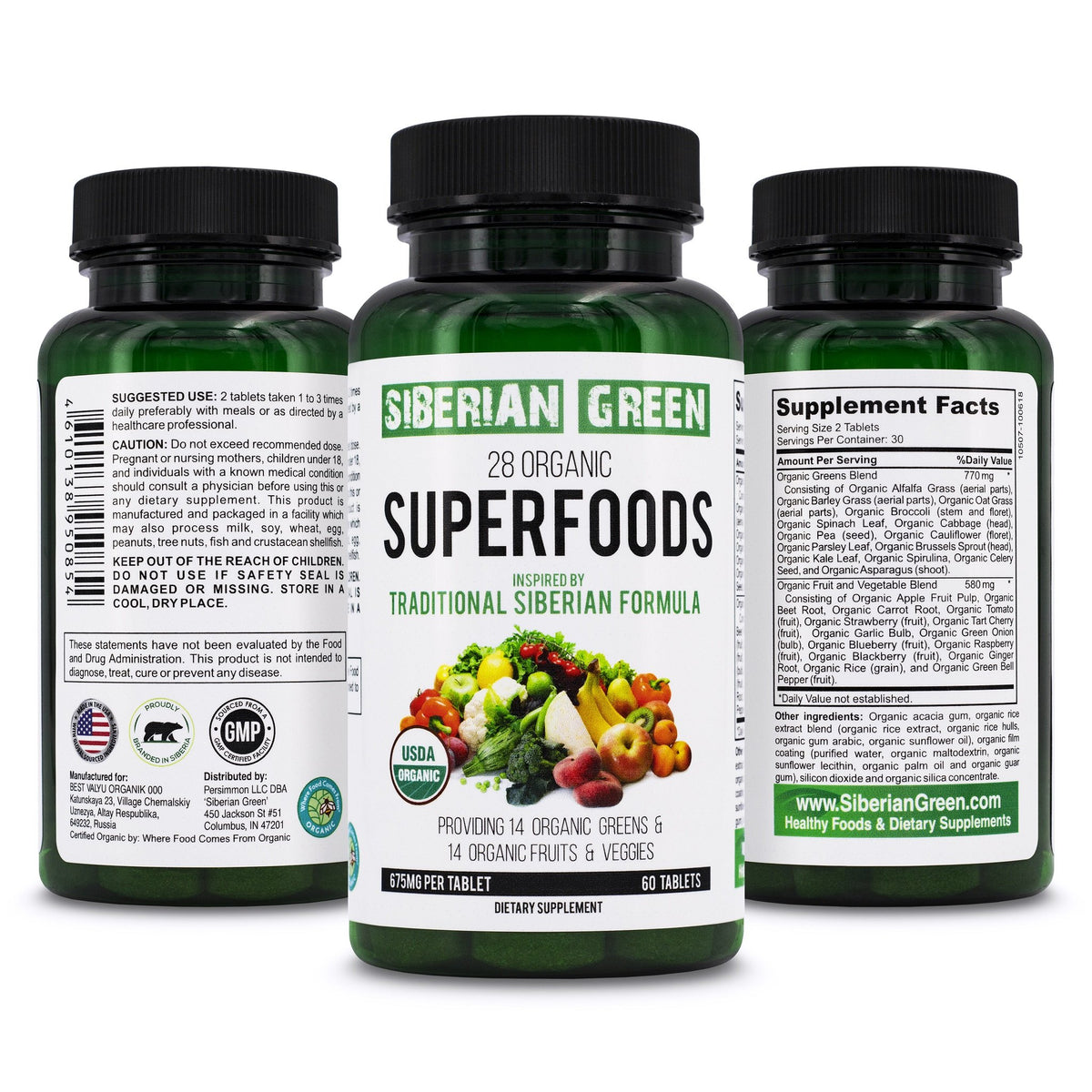 Superfoods 60 Tabs Siberian Formula Certified Organic Essential Greens Nutritious Fruits &amp; Veggies