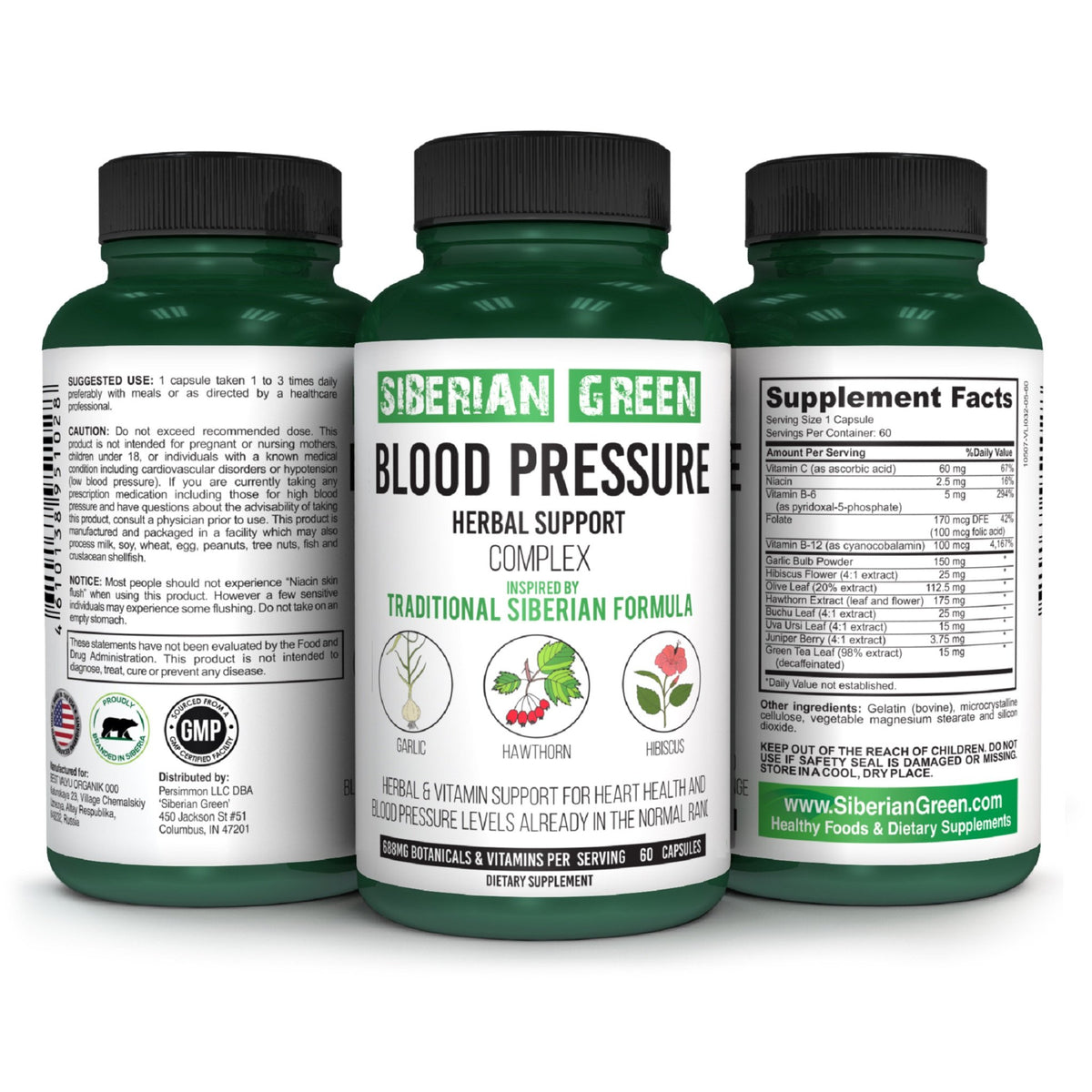 Siberian Green Blood Cardio Pressure Herbal Support - Hawthorn, Hibiscus, Garlic - 60 Capsules