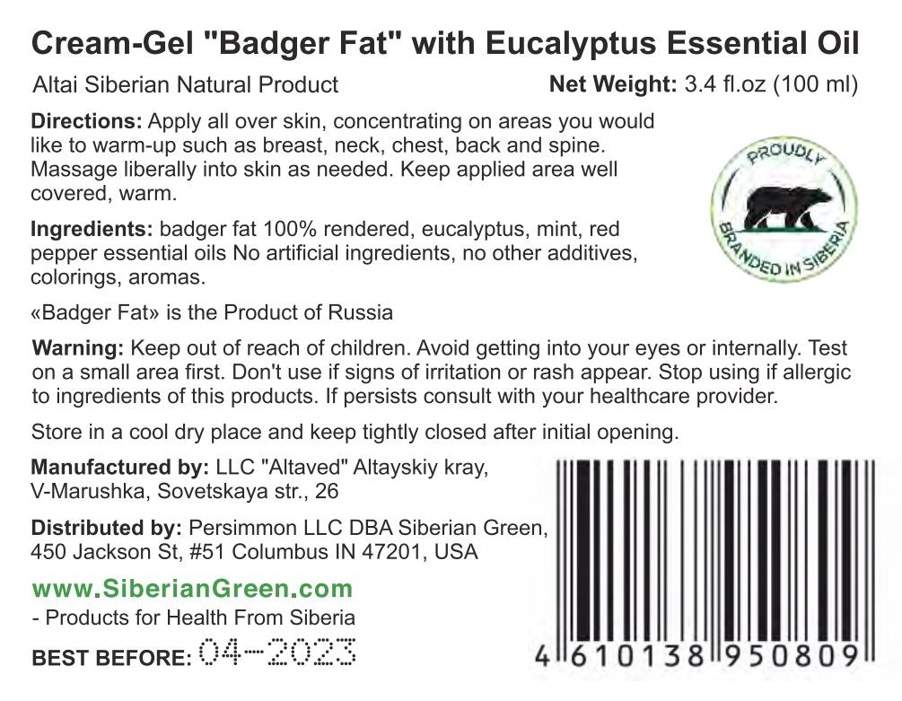 Gel-crème « Badger Fat » Réchauffement Sibérien à l&#39;Eucalyptus, Huiles Essentielles de Menthe, Piment Rouge 100ml