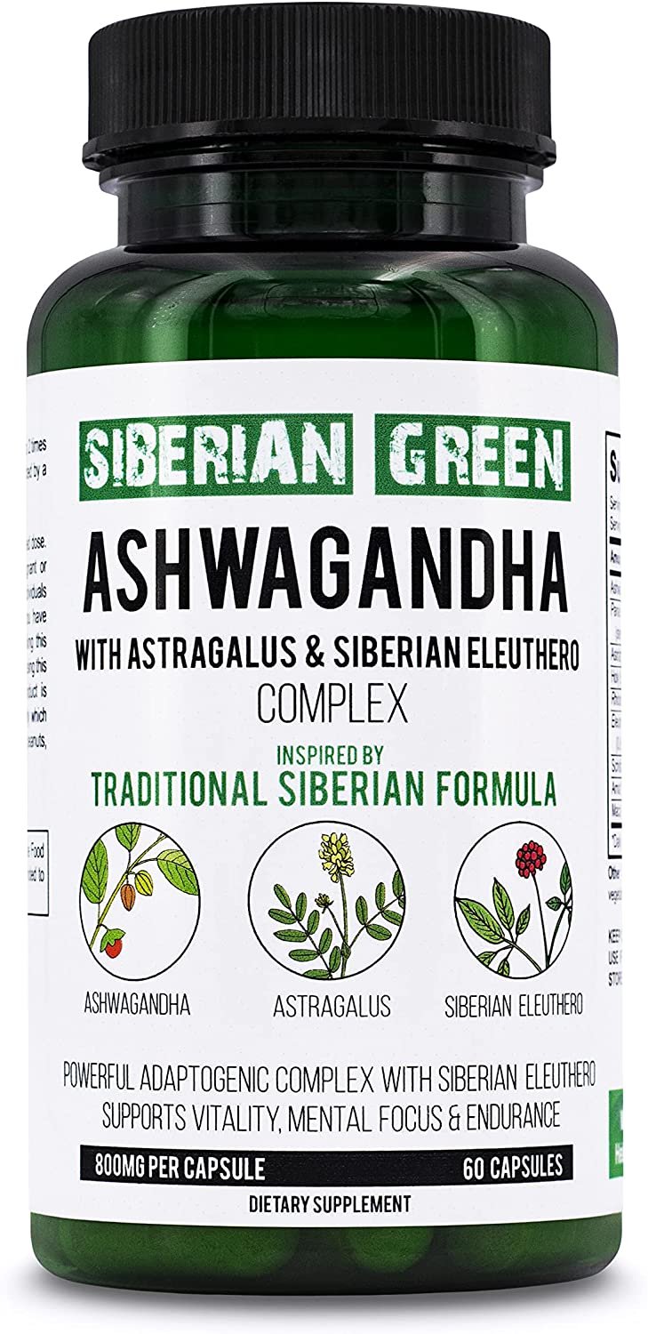 Racine d&#39;Ashwagandha biologique vert de Sibérie avec complexe d&#39;astragale et de ginseng d&#39;éleuthérosibérien 60 capsules Support puissant à base de plantes