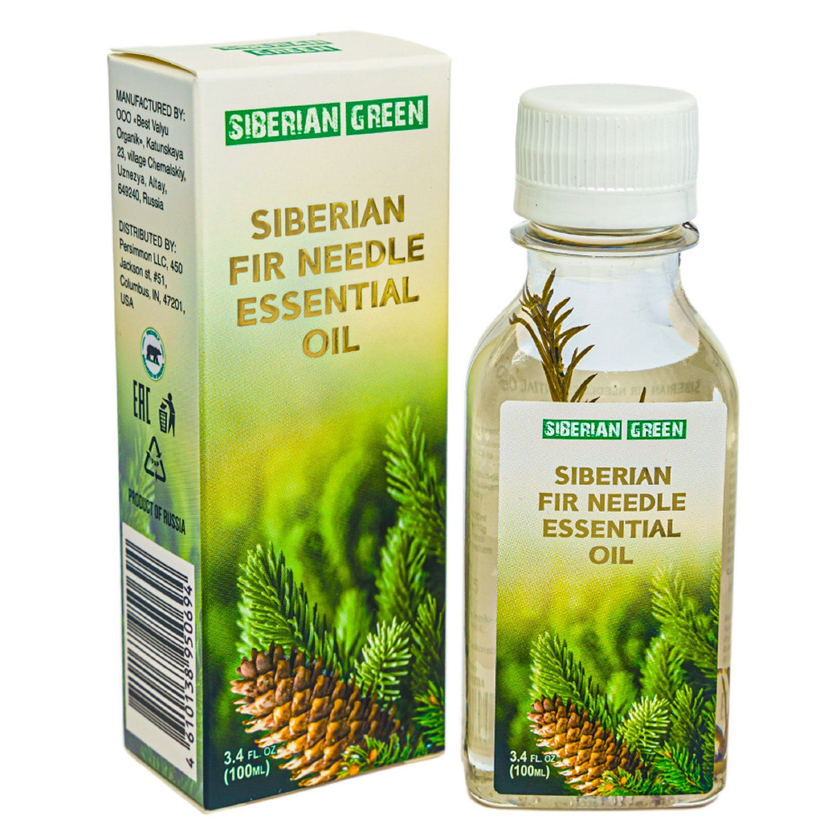 Huile essentielle d&#39;aiguille de sapin vert de Sibérie 3,4 oz - 100 % pure, non diluée, avec branche de pin de Sibérie originale à l&#39;intérieur