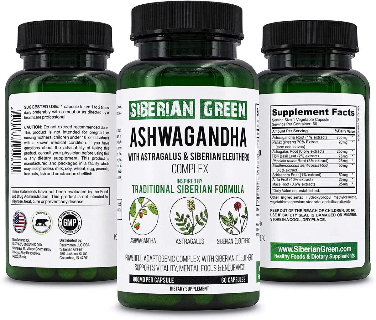 Racine d&#39;Ashwagandha biologique vert de Sibérie avec complexe d&#39;astragale et de ginseng d&#39;éleuthérosibérien 60 capsules Support puissant à base de plantes