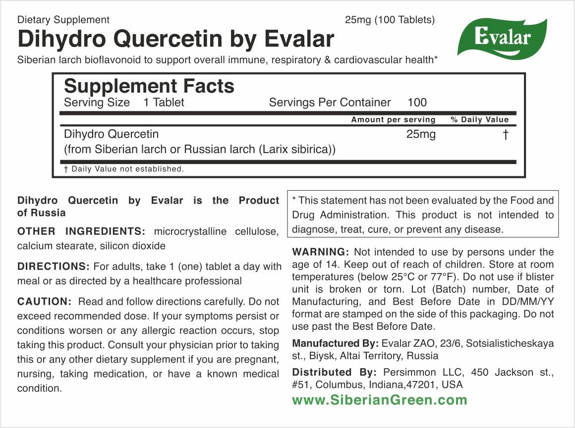 Dihydro Quercetin Evalar Siberian Pine Larch Bioflavonoid 100 Tabs